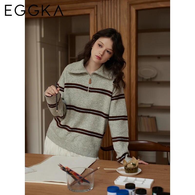 EGGKA Retro Stripe Pullover Sweaters Loose Casual Turtleneck Knitwear Zipper Design Vintage Knitted Sweater 2024 Autumn Winter