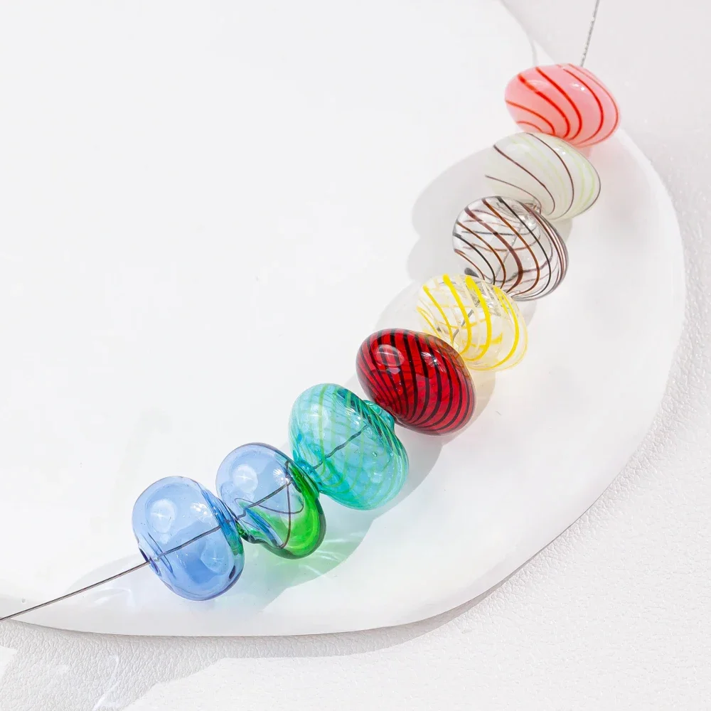 Candy Color Transparent Hollow Glass Flat Round Beads Glazed Striped Straight Hole DIY Earring Bracelet Jewelry Accessories 4pcs