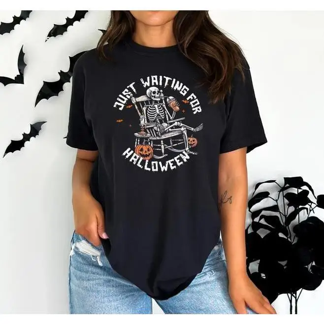 

"Waiting For Halloween T-Shirt. Women Men Funny Skeleton Graphic Tee. Pumpkin Rocking Chair Print Top. Spooky Season Gift."