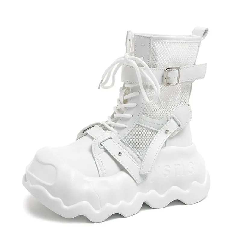 New Summer Women Thick Soled Mid-Calf Cool Boots Outdoors Lady Casual Hollow Shoes Female Breathable Mesh Boot White Botas Mujer