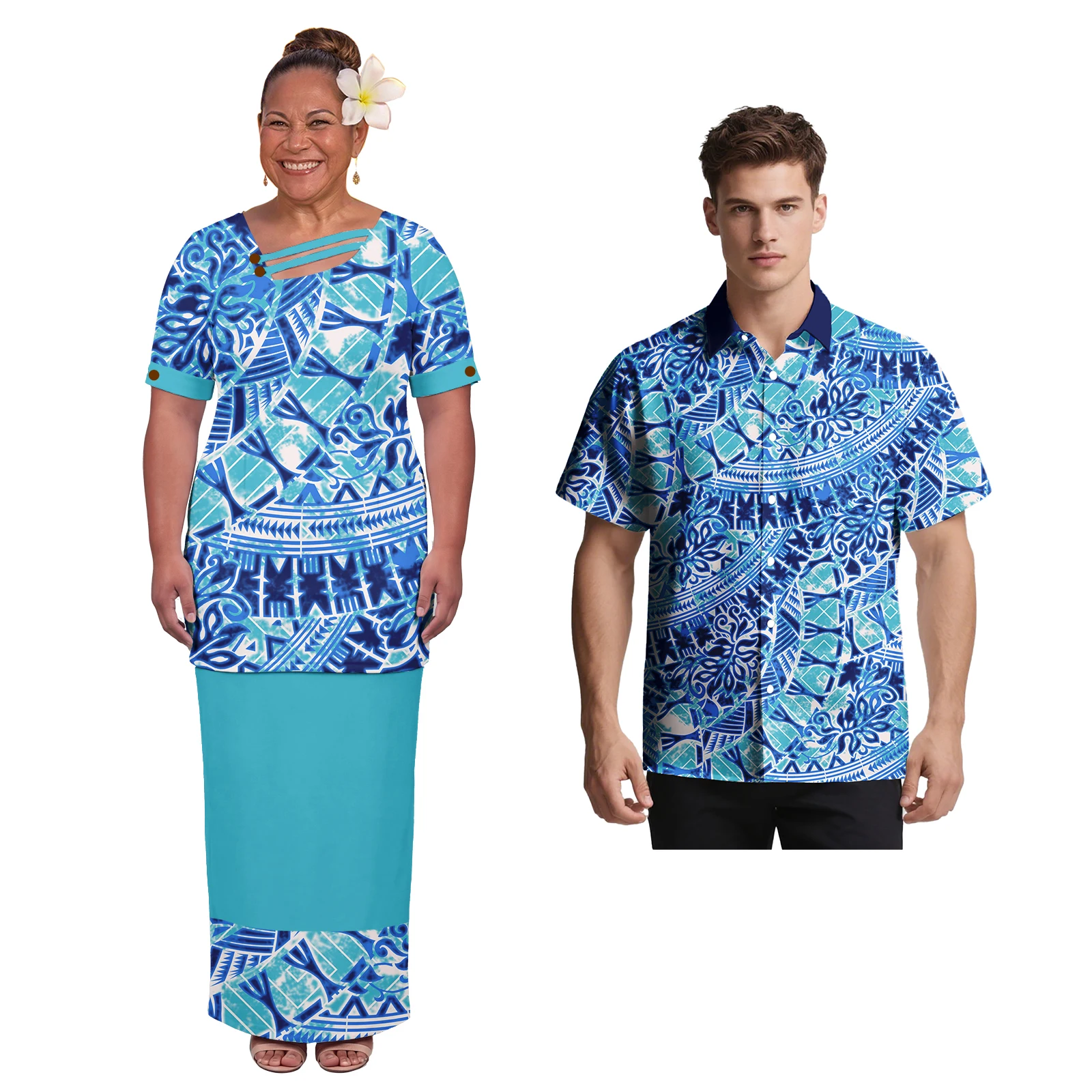 New Arrivals His and Hers Clothes Hawaiian Island Men Shirts Holiday Prom Women Puletasi Samoan Polynesian Chouple Beach Outfits