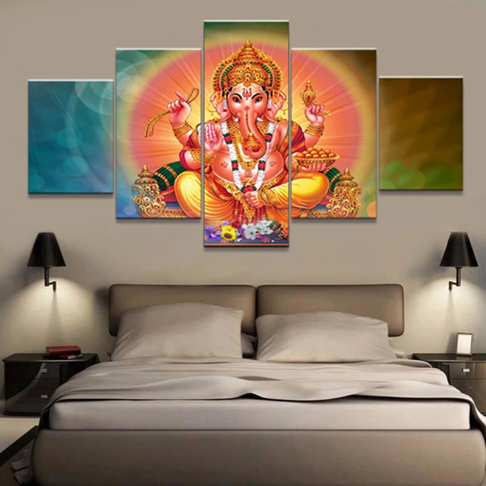 5 Panels Elephant God Vintage Hindu Lord Ganesha Canvas Painting Posters and Prints Wall Art Pictures Home Decor No Frame