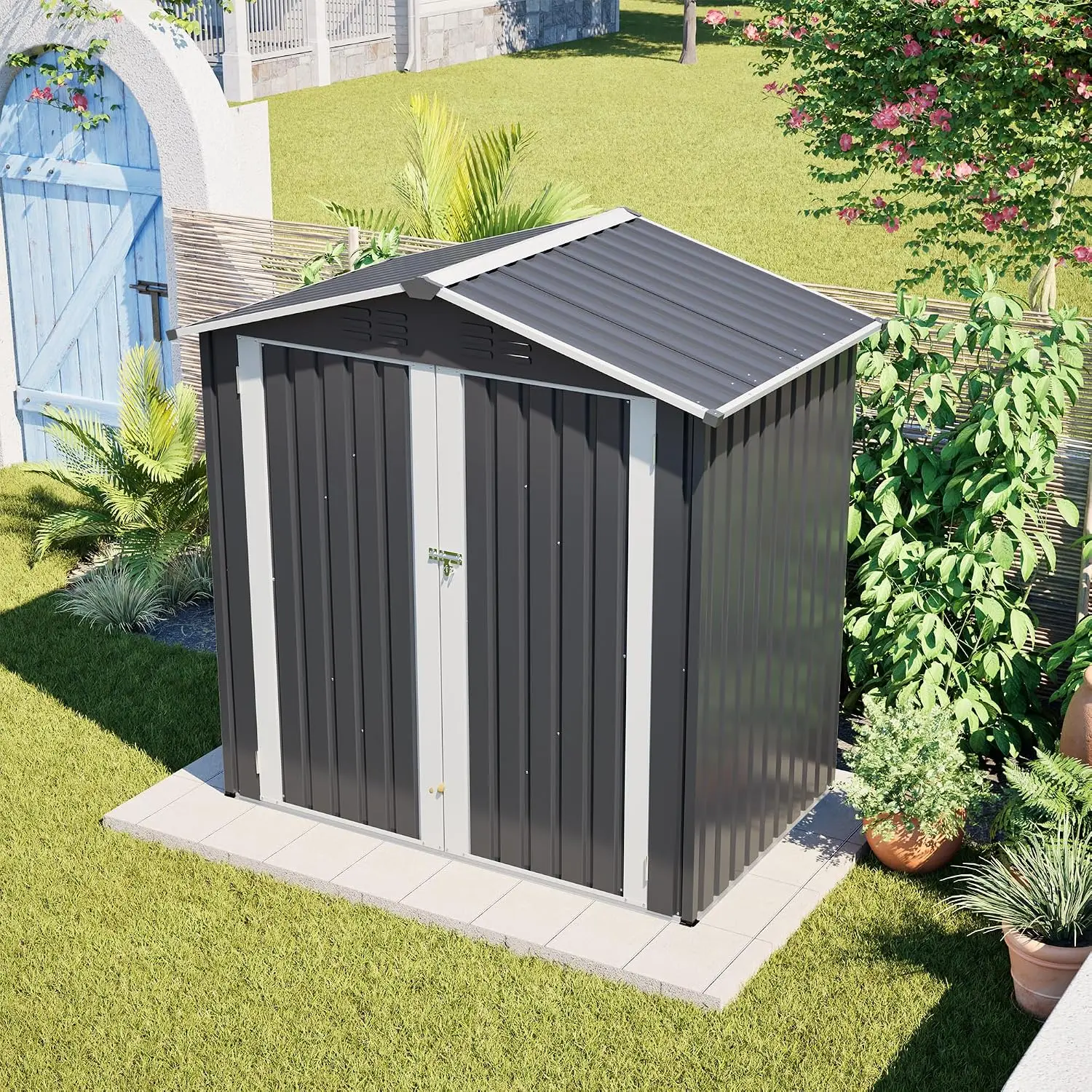 6x4 FT Metal Outdoor Storage Shed Lockable Waterproof Sloped Roof Steel Frame Multi-Purpose Backyard Patio Lawn, Customized