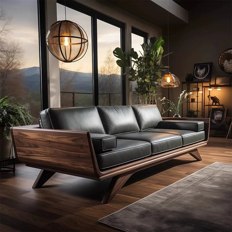 

New Chinese-style solid wood living room sofa high-end Nordic walnut three or four-person straight leather sofa