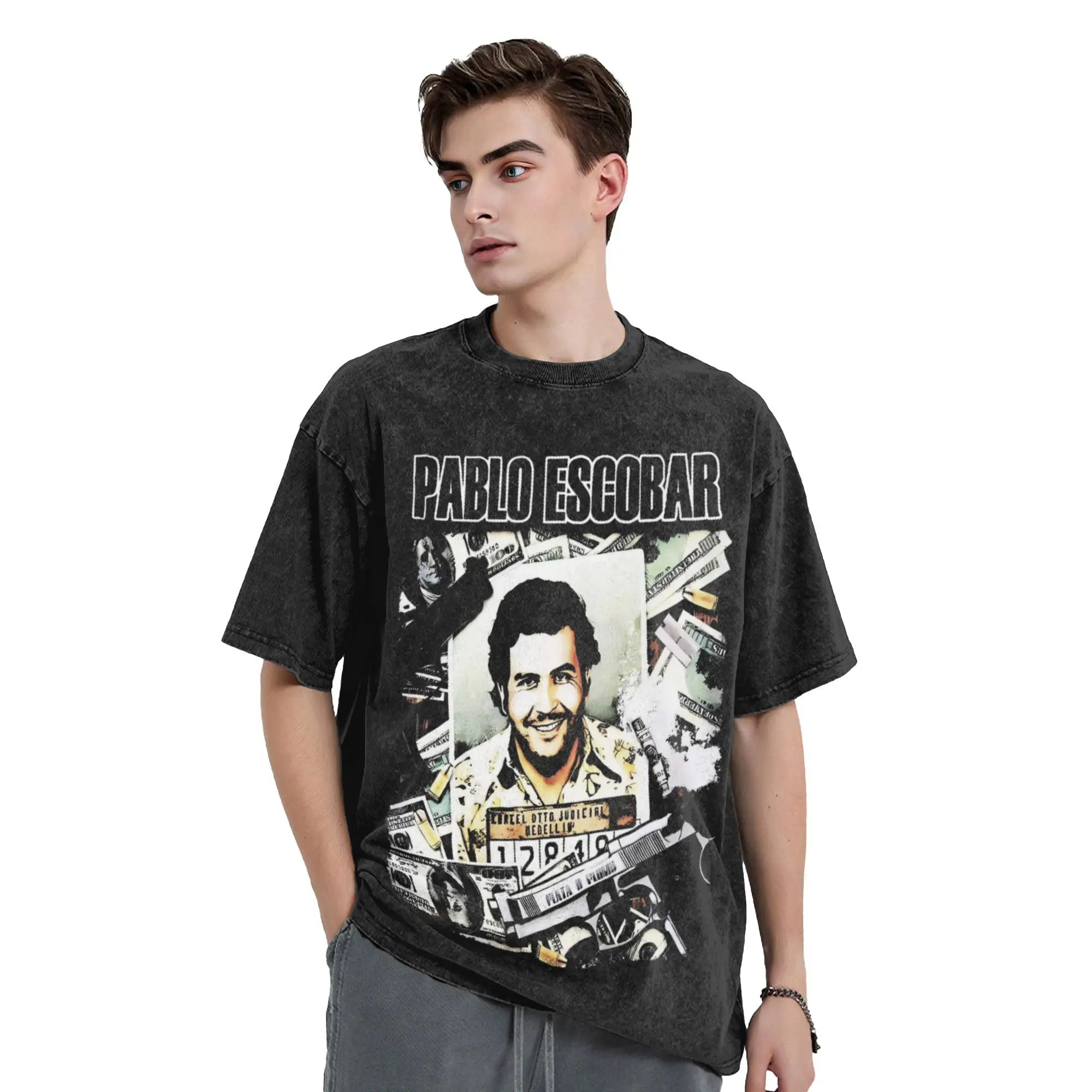 Washed T Shirt Pablo Escobar Hip Hop Novelty T-Shirts Harajuku  Streetwear 100% Cotton Graphic Tops Tees for Men Women