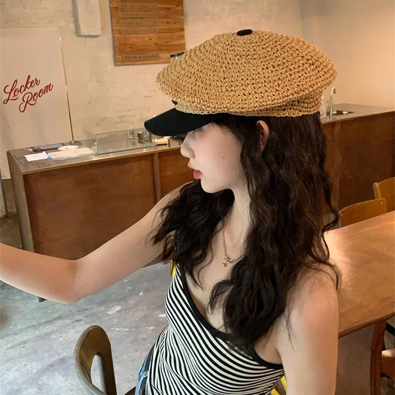 Summer Straw Weaving Beret Cap Women Vacation Outdoor Beach Straw Hat Adjustable Splicing Hats Elegant French Beret for Women