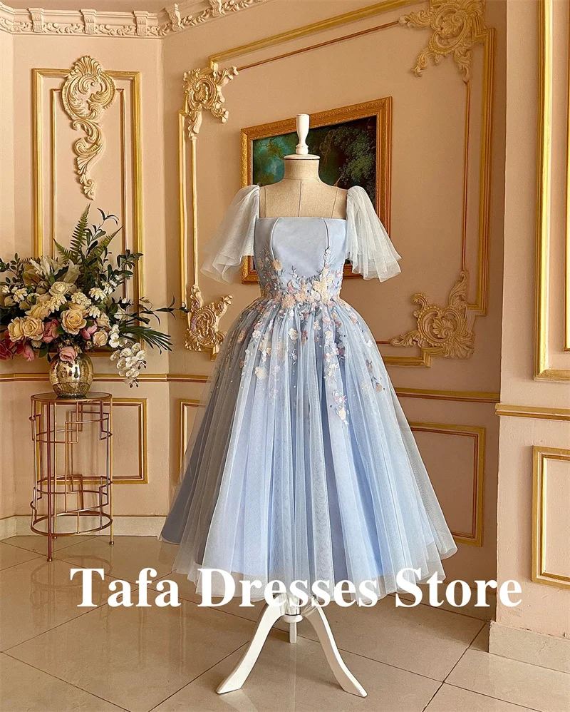 TAFN Blue Elegant Ankle Length  Dresses Puff Sleeves Square neck Homecoming Dress Formal Prom Gowns Birthday Custom Customized