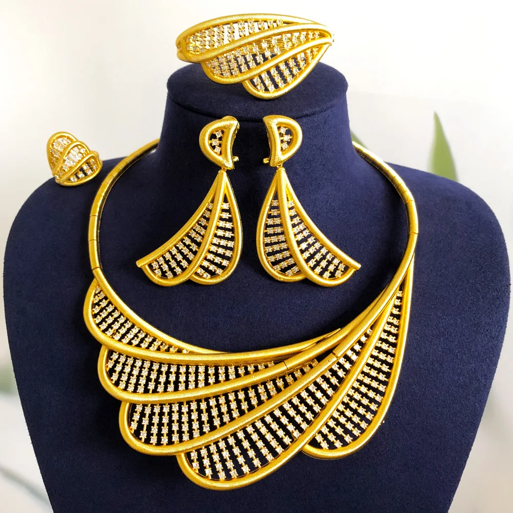 Missvikki Luxury 4pcs Crossover Nigerian Jewelry Sets Necklace Earring Bangle Ring Set For Women Wedding Jewelry Trendy HOT New