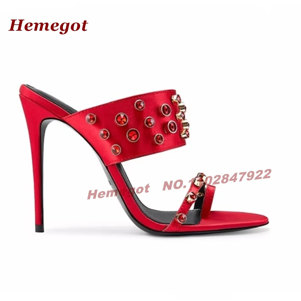 Red Rhinestone Metal Stud Decor Stiletto Slippers Clip Toe One Strap Slip On Women's Slippers Outside Splicing Thin High Heels
