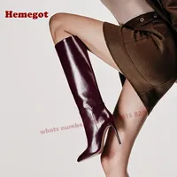 Burgundy Glossy Knee High Boots Round Toe Stiletto Heels Slip On Splicing Women's Boots Slip On Patchwork Casual Shoes Elegant