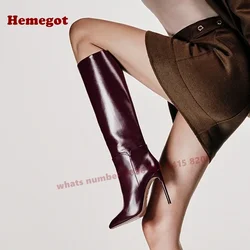 Burgundy Glossy Knee High Boots Round Toe Stiletto Heels Slip On Splicing Women's Boots Slip On Patchwork Casual Shoes Elegant