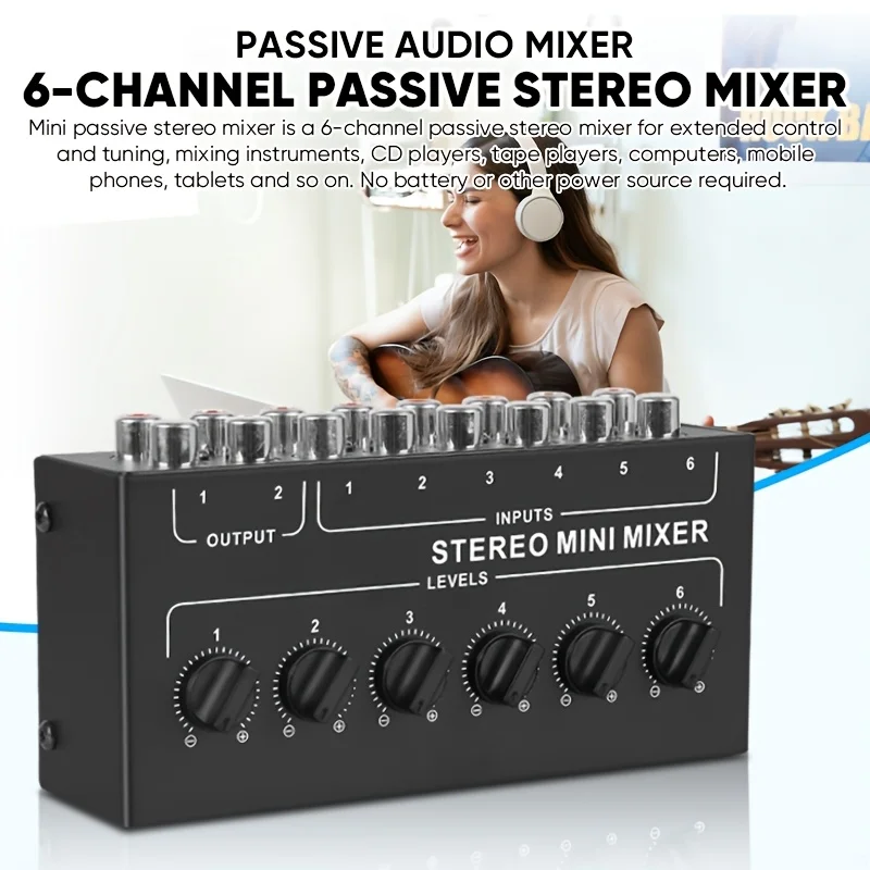 

6-Channel Stereo Mini Audio Mixer - Ultra Low Noise Portable RCA Mixer with Independent Volume Control, 2 Outputs, Perfect for L