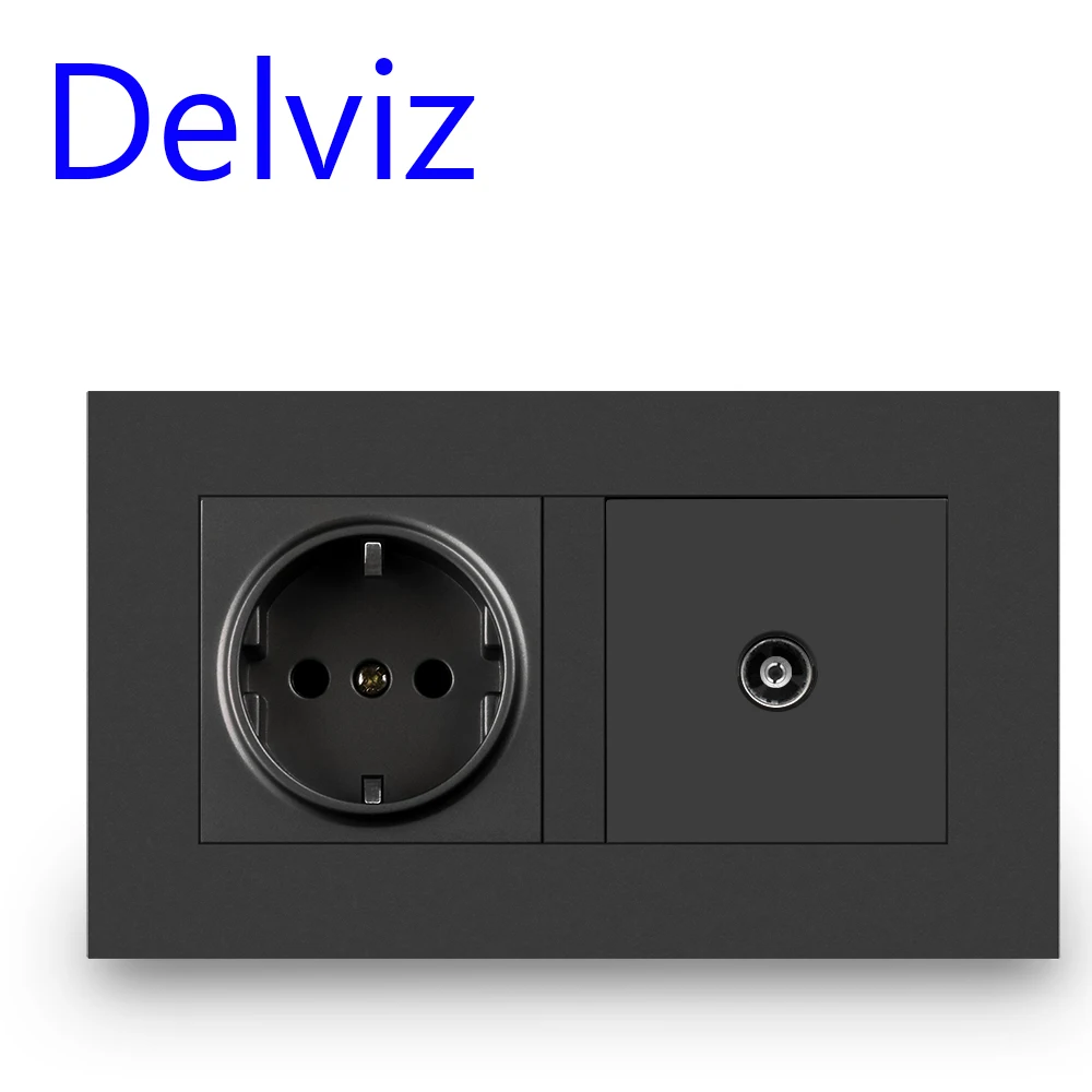 Delviz EU Standard TV Socket / Outlet, Home Television cable jack, 146mm*86mm White Panel, 2 Gangs Wall TV and 16A Power Socket