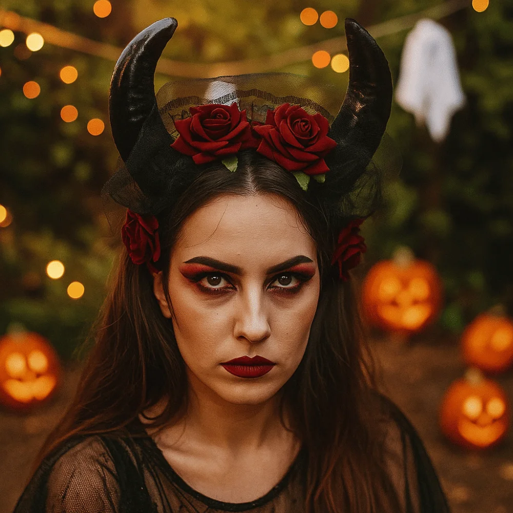 

Цветочный дизайн, повязка на голову с коровьими рогами на Хэллоуин, кружевная отделка, уникальная повязка на голову с овечьим рогом, модная повязка на голову с красной розой, вечеринка на Хэллоуин