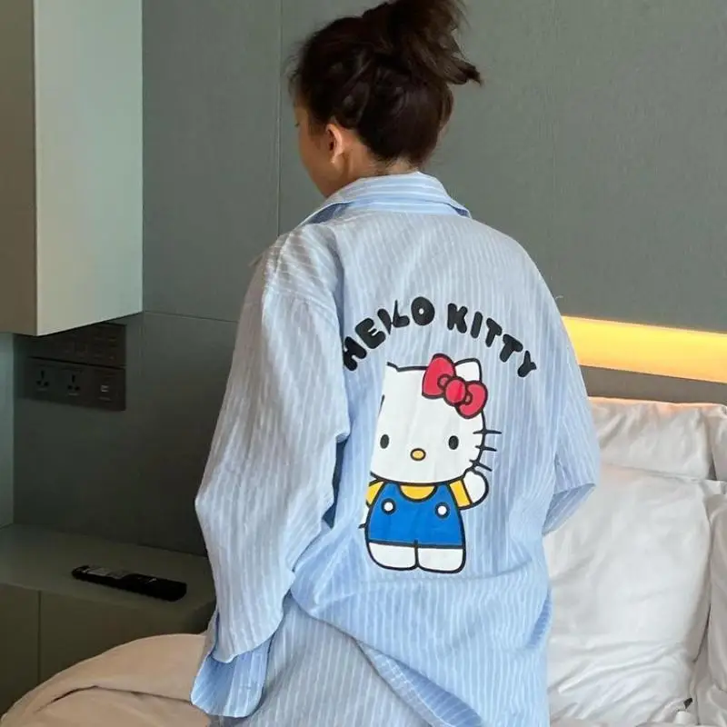 Cartoon Cardigan Loungewear Set Anime Hellokitty Girly Fashion Long Sleeve Tops Short Pants Kawaii Nightgown Pajamas Suit Gift