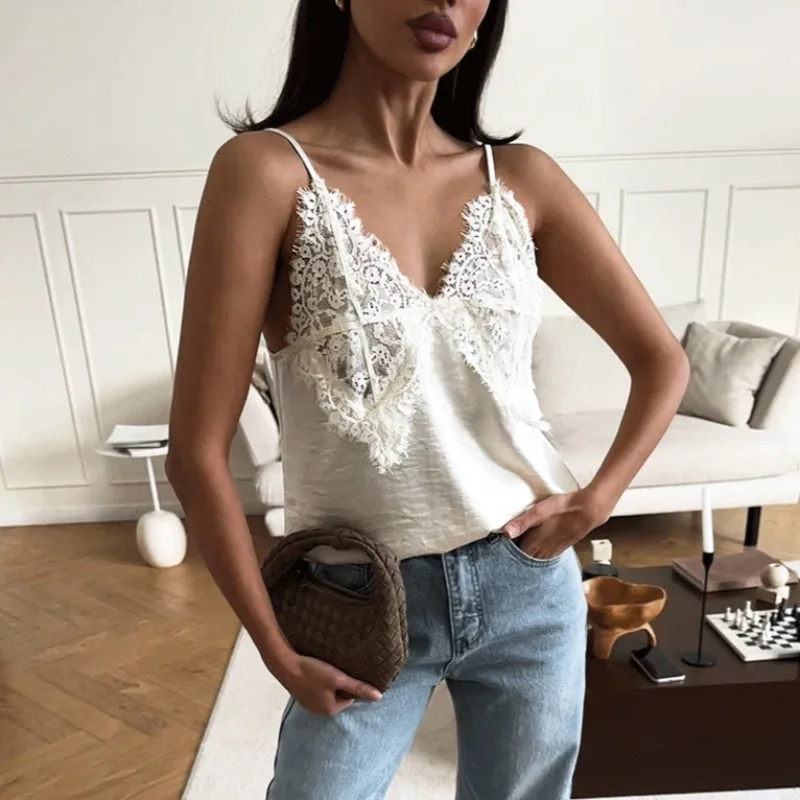 

Ticketsx Sexy Lace Backless Camis Top Solid Women's V-Neck Patchwork Slim Tops Summer Fashion Commute Streetwear Female Clothing
