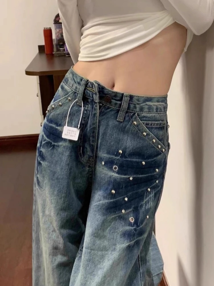 Y2K Rhinestone Studded Wide Leg Jeans Women American Retro Baggy Washed Blue Denim Pants Casual High Street Fashion Trousers