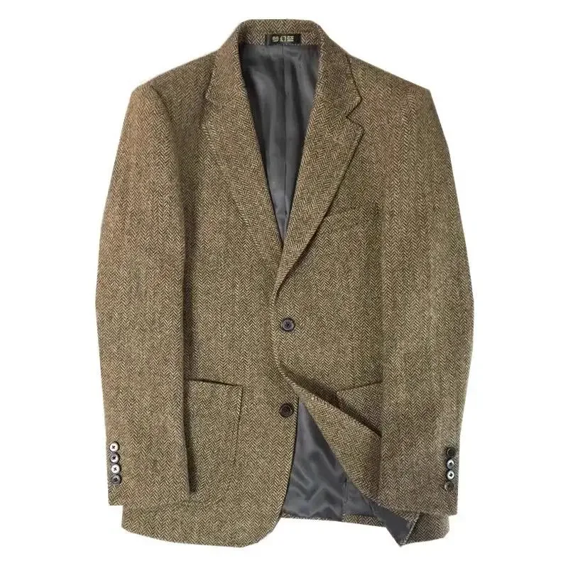 

Korean Winter Blazer Jacket Men's Retro British Vintage Suit Tweed Herringbone Casual Slim Jacket High-end Button Up Coat