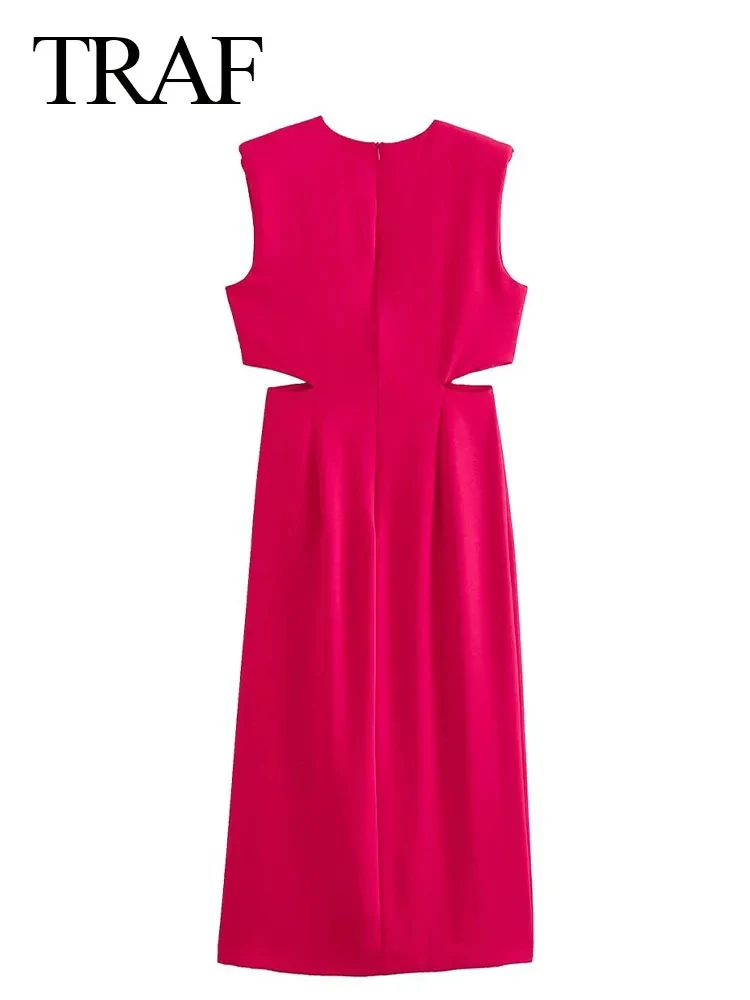 TRAF Summer Female Fashion Long Dress Sleeveless Round Neck Cut Out Rose Red Ruched Midi Party  Women Elegant Evening Dresses