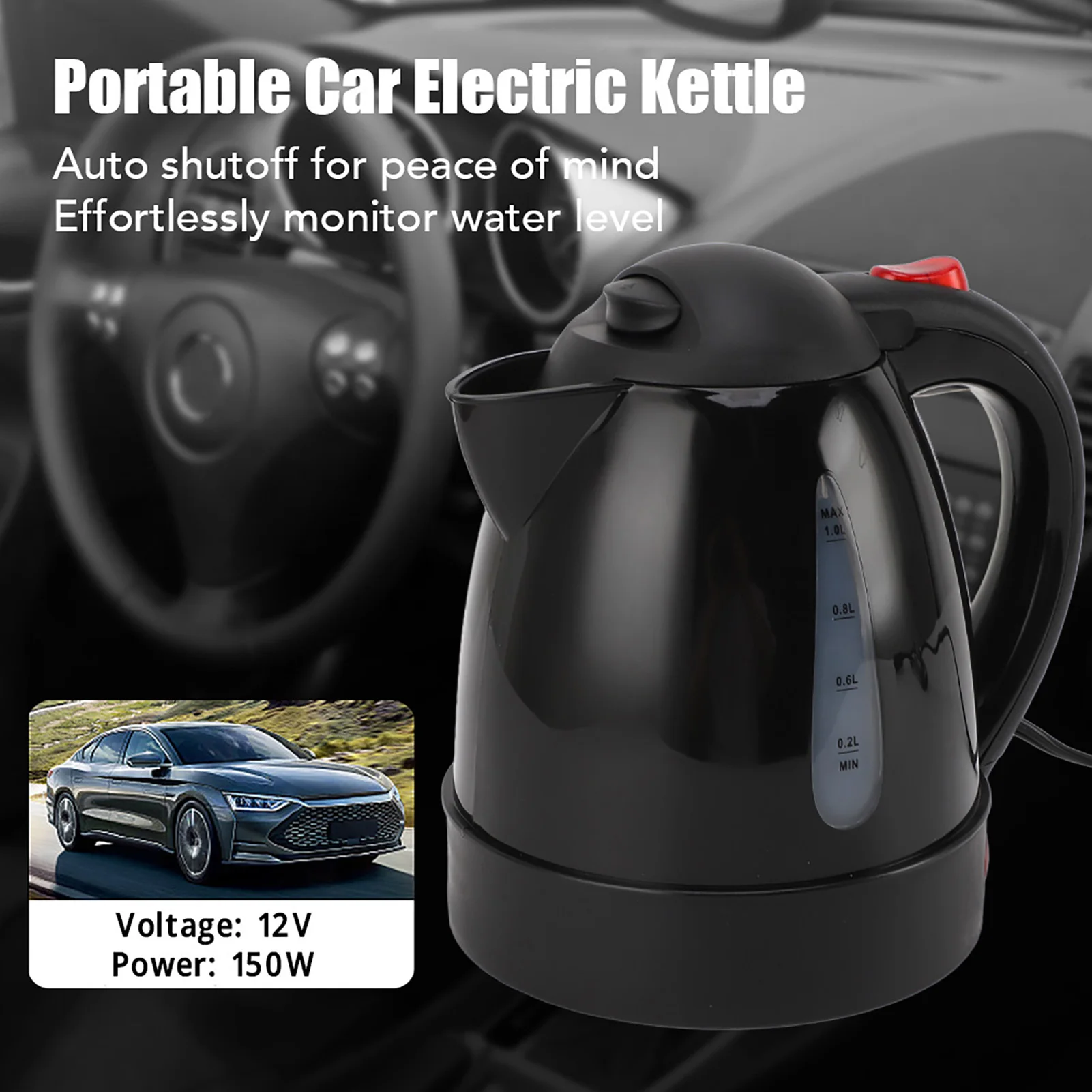 

150W 1L Portable Car Electric Kettle with Cigarette Lighter Road Trip 12V Truck Heated Water Tea Coffee Kettle Auto Shut Off