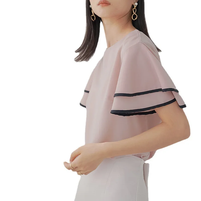 Lotte منتج جديد 3 ألوان لوتس ليف كم بلوزة شيفون للنساء الطازجة وأنيقة فضفاضة الحد الأدنى نمط قميص نسائي #5