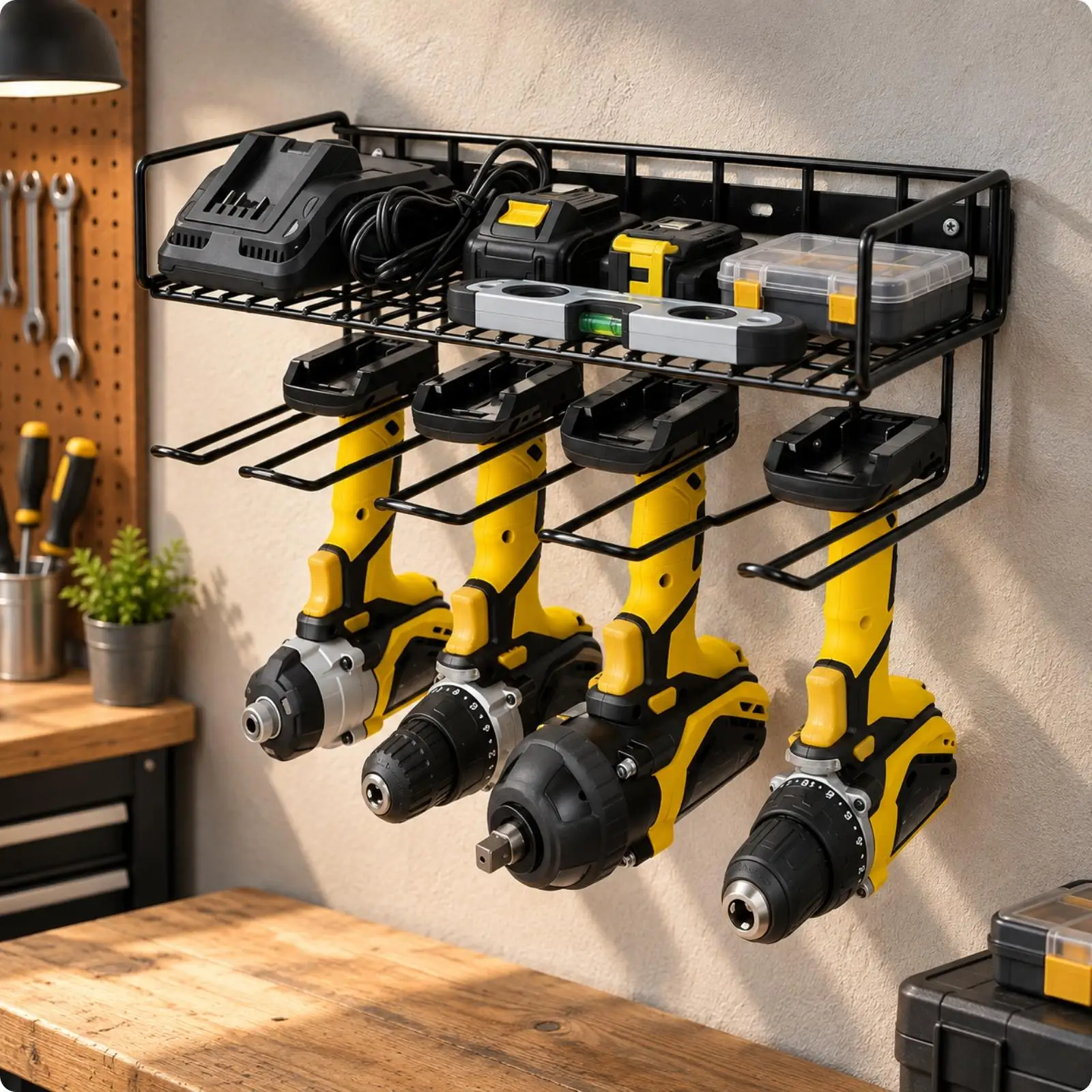 Black Iron Wall Drill Rack Easy to Install Wire-Grid Tool Shelf with Lower Tool Holders Drill Storage Rack Space Saving