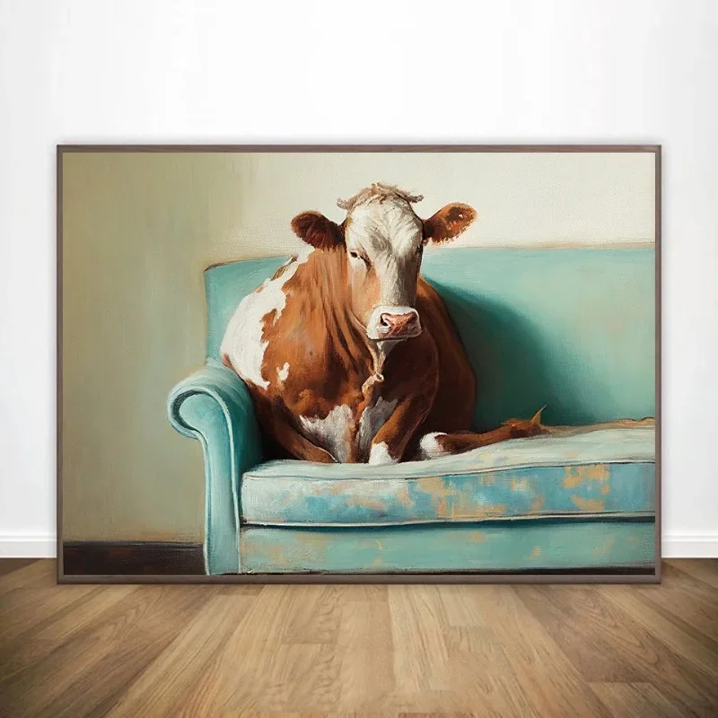 Multiple sizes 1pc frameless Canvas Painting,1pc frameless Canvas Painting Vintage Cow Canvas Painting Print Neutral Country Cow