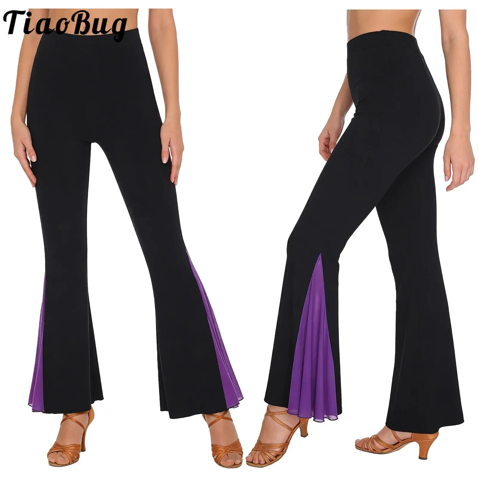 

Women Elegant Latin Ballroom Belly Dance Trousers Cha-cha Tango Sheer Mesh Bell Bottom Flared Pants Practice Performance Costume