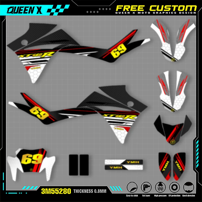 

Queen X MOTOR Custom Motorcycle Graphics Decals Stickers Kits For YAMAHA XT 660R R X 2005 2006 2007 Numer Name Customize