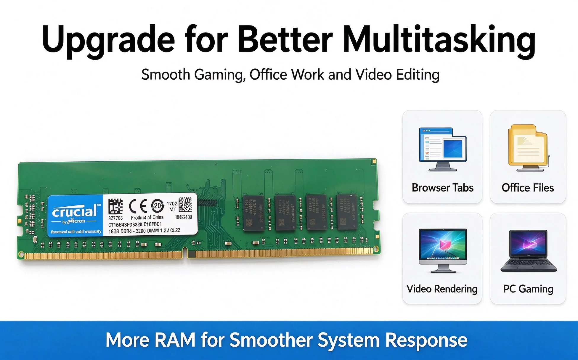 Crucial DDR4 DIMM RAM 4GB 8GB 16GB 32GB 2133MHz 2400MHz 2666MHz 3200MHz PC4 288Pin Memory Desktop RAM - view 6