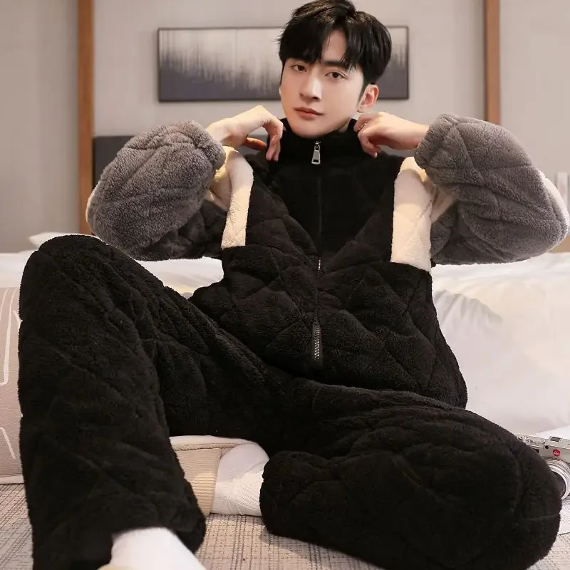 Men Pajamas Autumn Winter Thicken Sleepwear Plush Coral Velvet Three-layer Loungewear Flannel Outdoor Homewear Set Nightgown Set