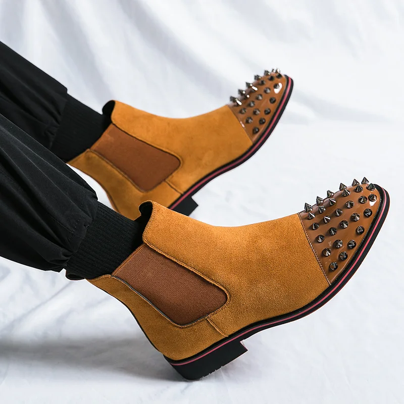الفاخرة المسامير تصميم الرجال تشيلسي الأحذية موضة جلد الغزال وأشار حذاء من الجلد للرجال عالية أعلى حذاء كاجوال Botines Hombre #4
