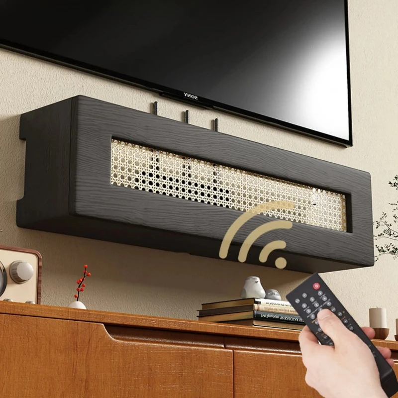Vintage Rattan Wall Mount Router Holder TV Bracket Organizer with Concealed Cable Management Set Top Box Storage Shelf