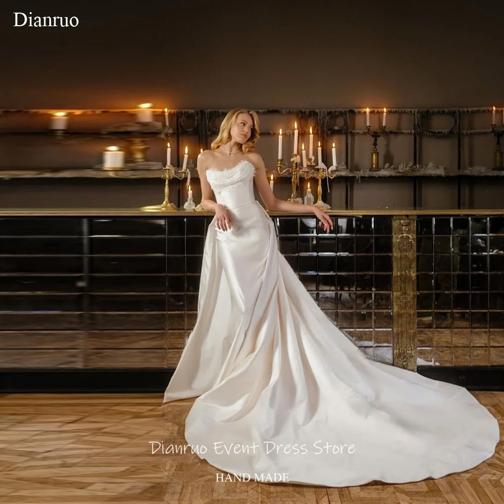 Dianruo Satin Lace Trim 2026 Wedding Dresses Sleeveless A Line Vestido De Noiva Bridal Straight Long 한국인 리뷰많은 웨딩드레스 Customized