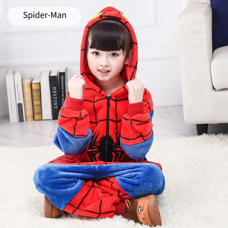 Spider-Man Kids Jumpsuit Pajamas Kawaii Cartoon Cosplay Flannel Home Clothing Boys Girls Christmas Gifts Winter Keep Warm