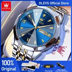 OLEVS 9998 Mens Watch Original Rhombus Mirror Quartz Watch For Man Waterproof Luminous Stainless Steel Dual Calendar Display