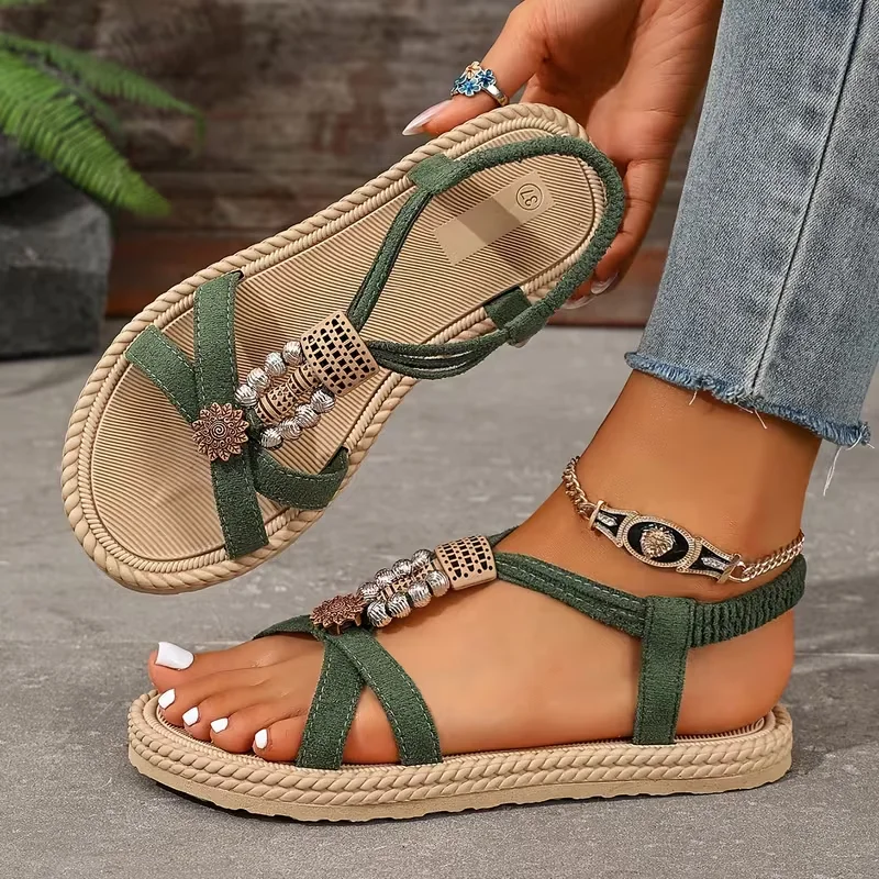2025 Women Sandals Bohemian Style Flat Sandals Women Fine Strap Beaded Elastic Band Casual Women Comfortable Roman Style Shoes