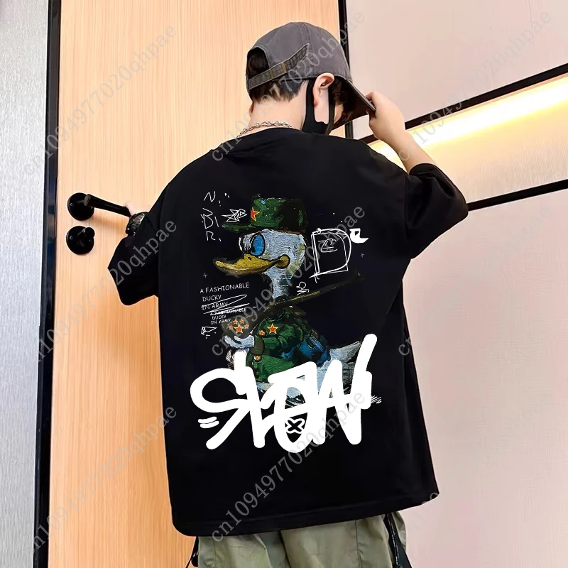 ملابس الأطفال الكورية 2025 الفتيان الأمريكية الكرتون بطة طباعة الجرافيك تي شيرت 100% القطن تي شيرتات قصيرة الاكمام ملابس فتاة #5