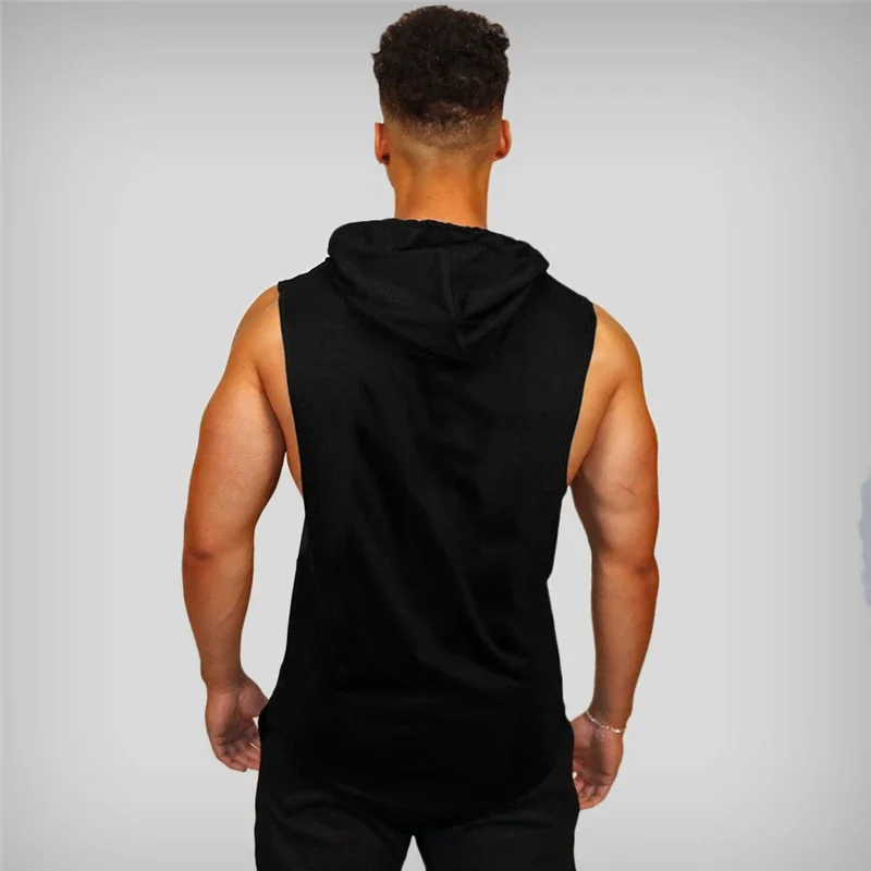 Summer New Brand Solid Color Casual Fashion Hooded Mens Gym Sports Bodybuilding Fitness Workout Tank Top