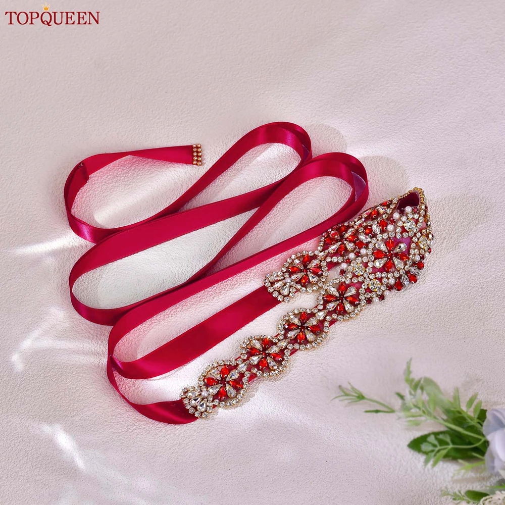 TOPQUEEN-Cinturón de boda de cristal con piedras preciosas rojas, faja de lujo hecha a mano con diamantes de imitación para mujer, vestidos de graduación color Burdeos, accesorios de cintura S161