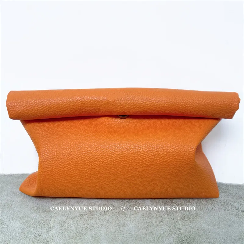 Orange Simple Soft PU Leather Rolled Edge Clutch Bag Women Handbag Retro Casual Makeup Women Bag Cip Bag