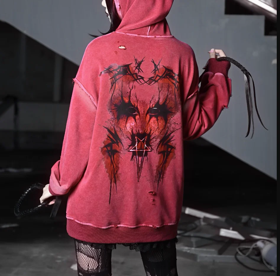 Blood Supply Original Devil Rust Red Print Washed Worn Loose Hooded Terry Long Sleeve Ripped Gothic Pullover Hoodies Spring