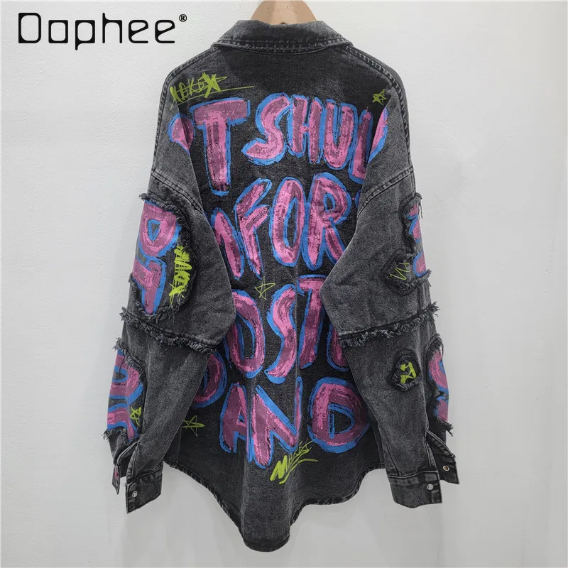 

American Retro Denim Jacket Women 2025 Autumn New Heavy Craft Printed Letter Denim Shirt Loose Versatile Casual Top Jackets