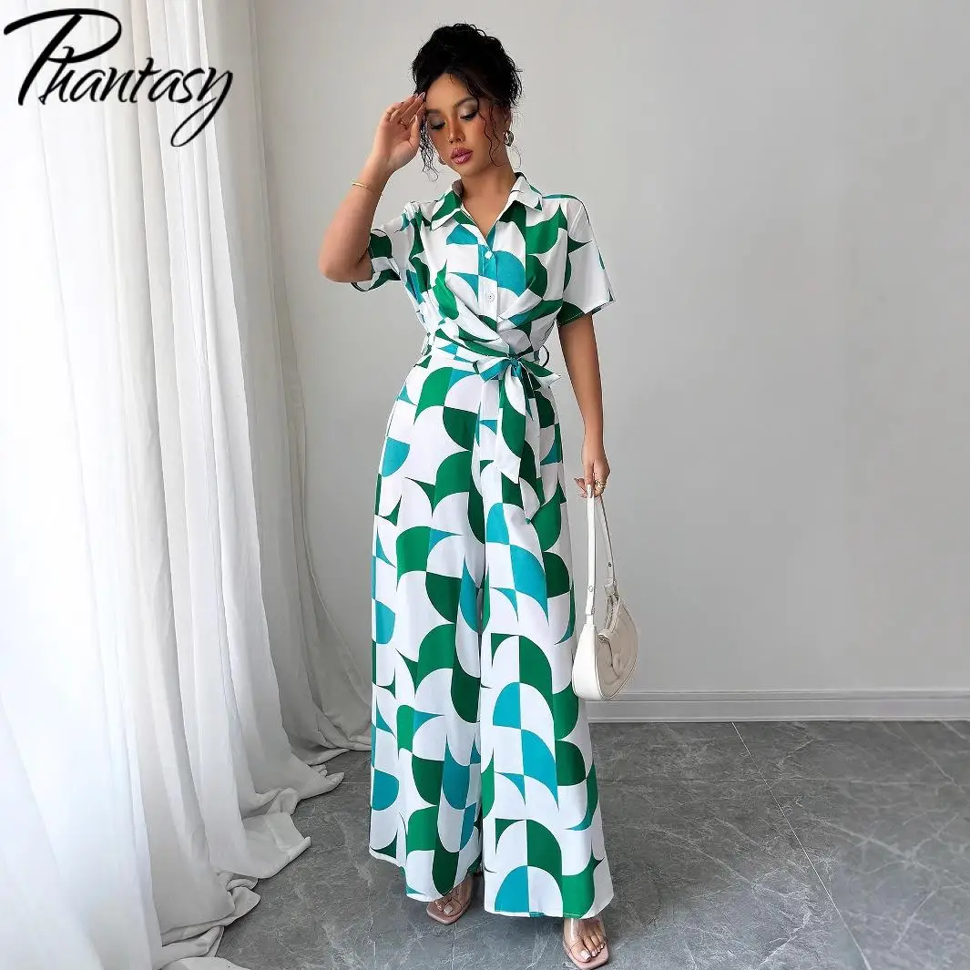 Fantasma elegante manga curta turn-down colarinho topos casual impressão de manga curta cintura alta perna larga macacão calças 2025 verão