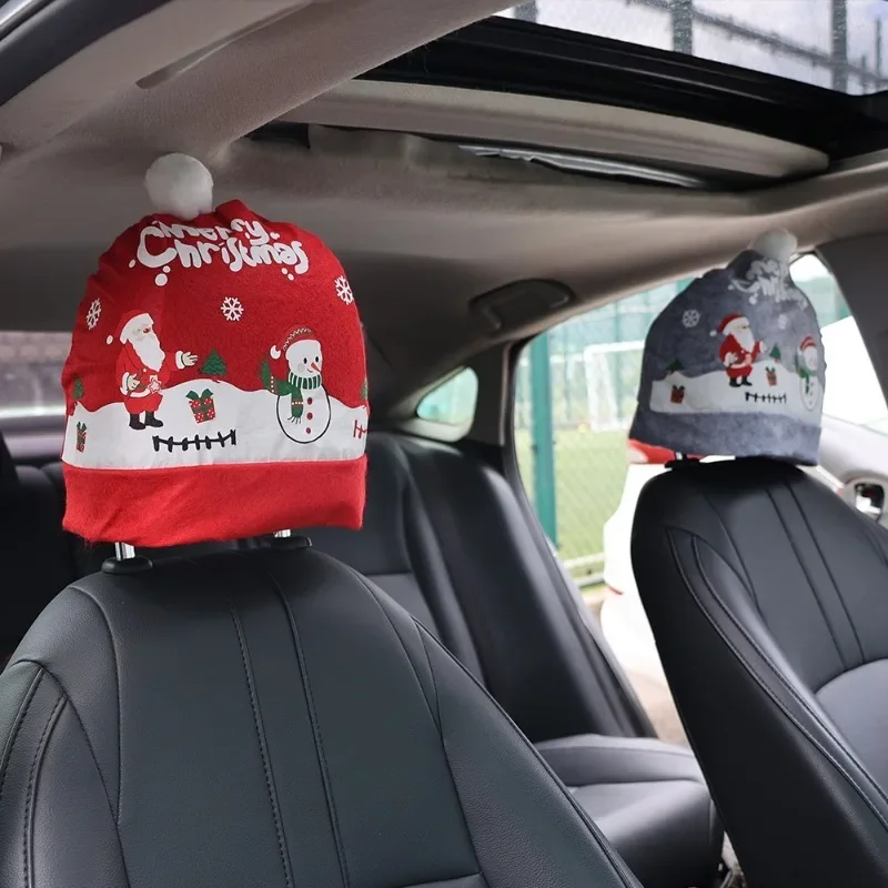 Christmas Car Seat Pillowcase Merry Christmas Santa's Hat Automotive Seat Headrest Cover Car Interior Decor Accessories Gift