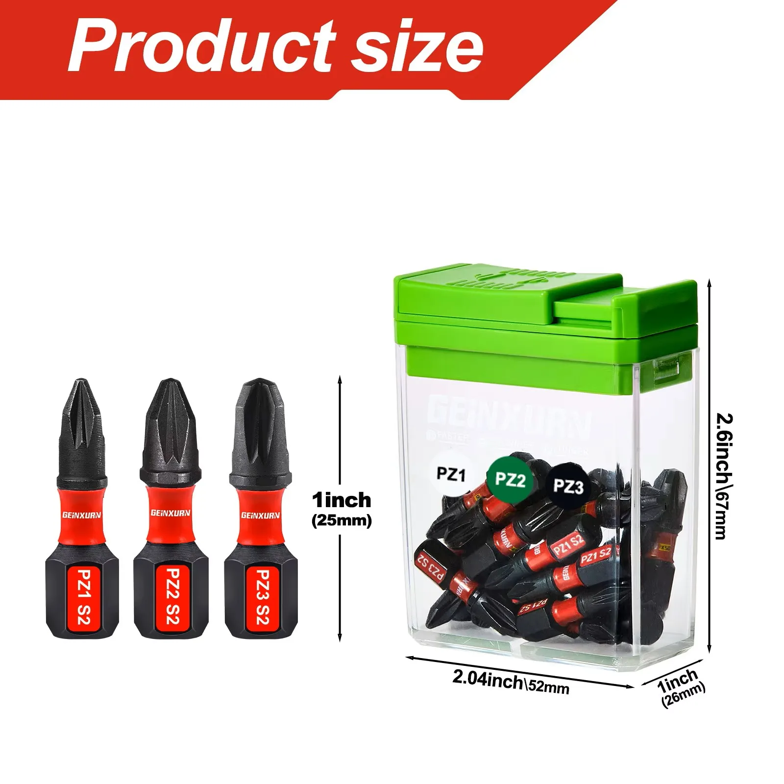 Geinxurn 30Pcs 1In S2 Pozi Impact Bits With Colorful Green Storage Box, Marine Boat Hardware