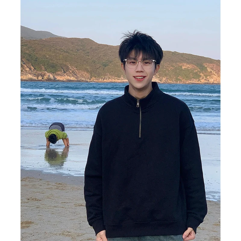 

American Sle Hoodie Jaet for Men f Zipper Stand Collar Bla Heavyweight Spring 2024 Trendy Casual Loose Fit Polyester