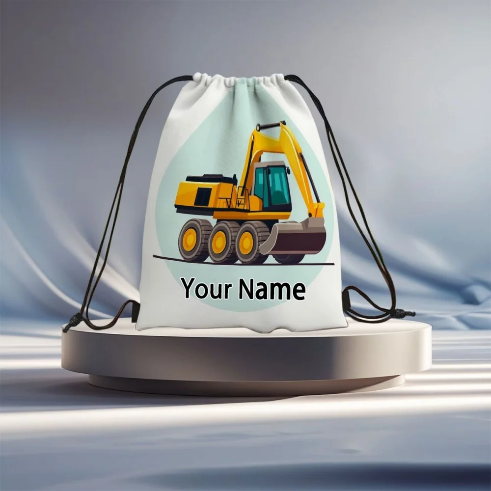 1Pc Custom Name/Text Excavator Pattern Drawstring Backpack, Lightweight Sports Bag, Outdoor Travel Rucksack,Back-To-School Needs