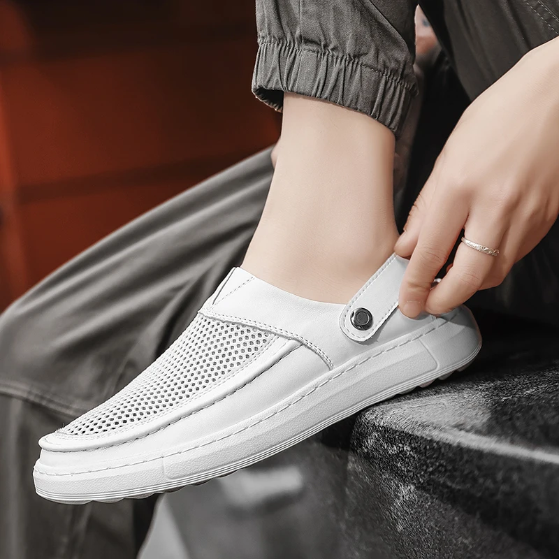 

Мужская уличная кожаная обувь с открытыми отверстиями, новые летние сандалии, роскошные качественные пляжные сандалии из воловьей кожи, нескользящие мужские тапочки двойного назначения