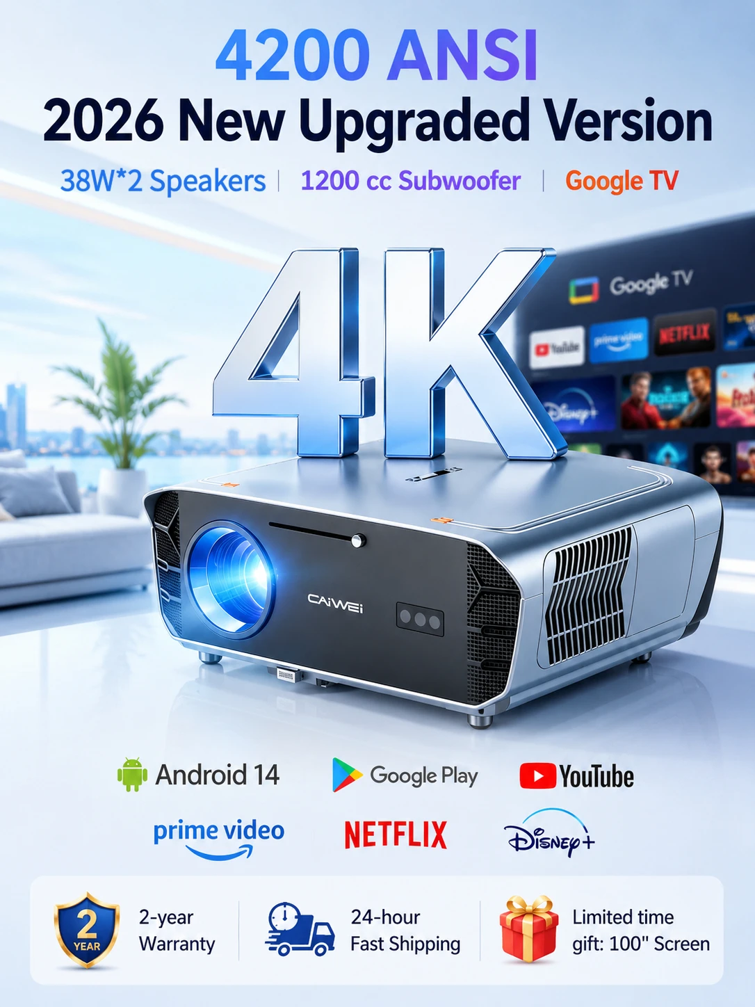 S7+ Projektor 4K 4200 ANSI Google TV Android 14 Smart Home Theater Autofokus WiFi 6 Podwójne Głośniki Projektor Filmowy Dnia 4K — zdjęcie produktu 7